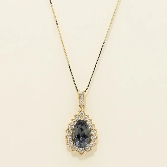 Pear Shaped Gray Spinel Halo Necklace in 14kt Yellow Gold with Diamonds (3/8ct tw)