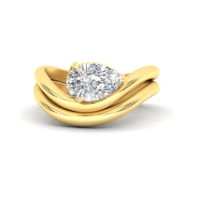 Pear Shaped Wave Solitaire Wedding Band Set