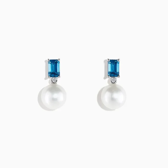 Pearl 14 Karat White Gold Pearl and Blue Topaz Earrings