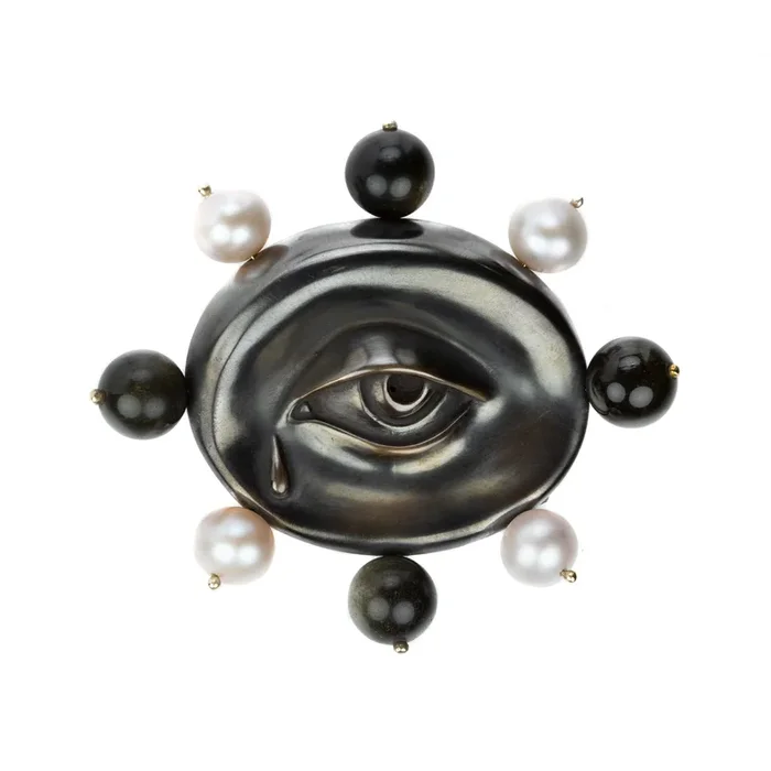 Pearl and Obsidian Bronze Eye Brooch