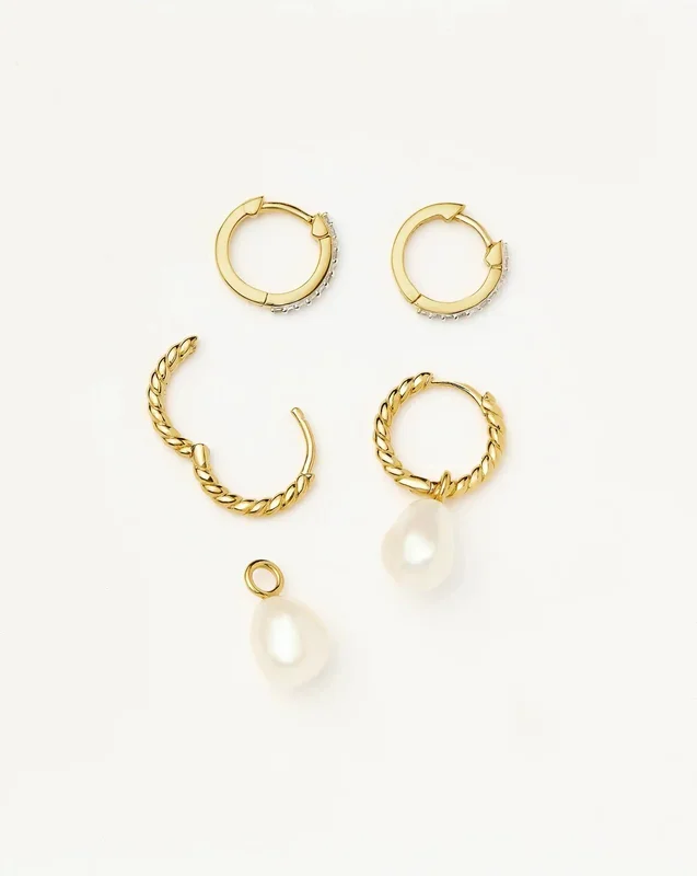 Pearl Twisted Drop Earrings & Classic Pave Huggies Set | 18k Gold Vermeil/Pearl/Cubic Zirconia