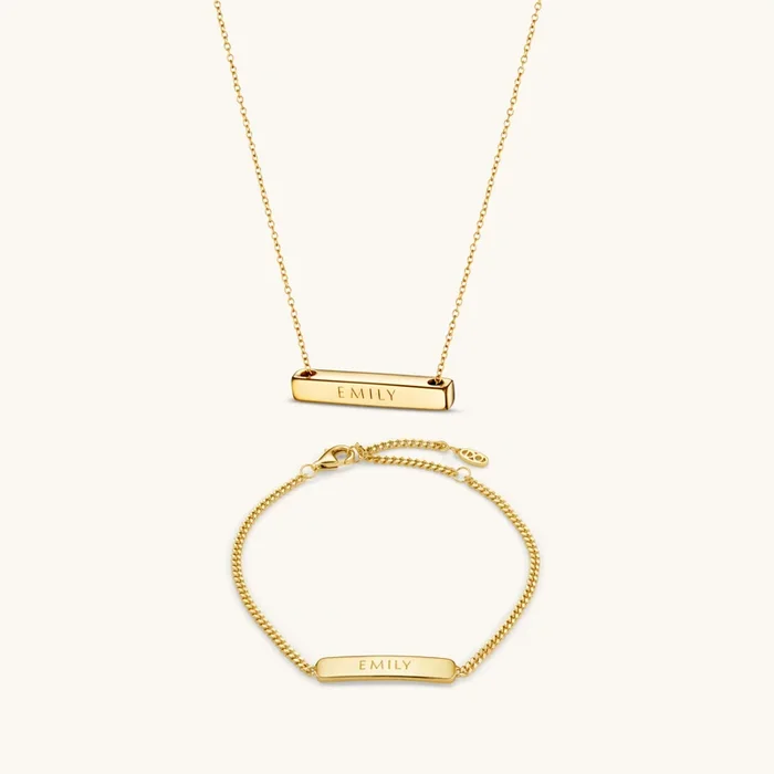 Personalised Matching Set 3cm Letter Bar & Engraved Bracelet in Gold