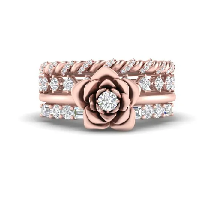 Petal Solitaire Ring With Stacked Band