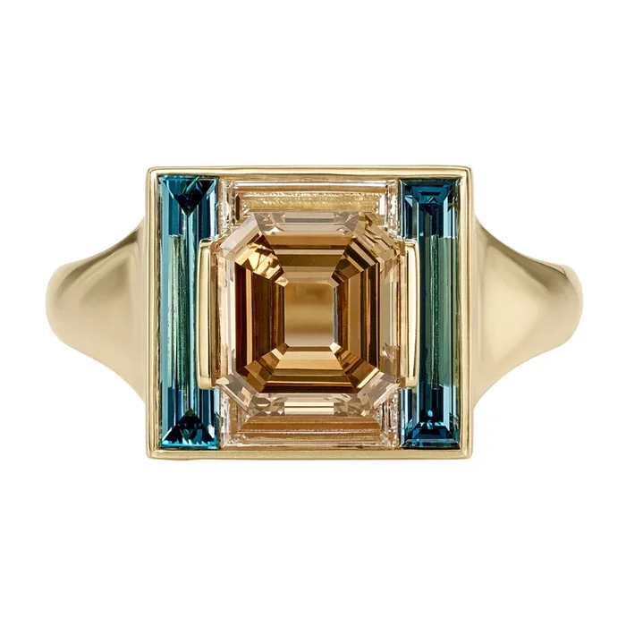 Piet Fancy Emerald Cut Diamond Ring with Teal & White Diamond Halo
