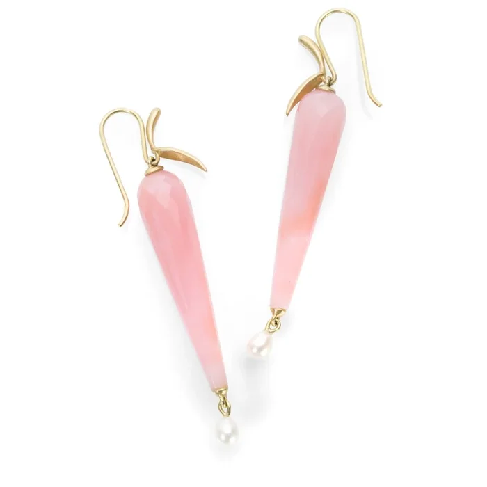 Pink Opal and Pearl Simple Bird Earrings