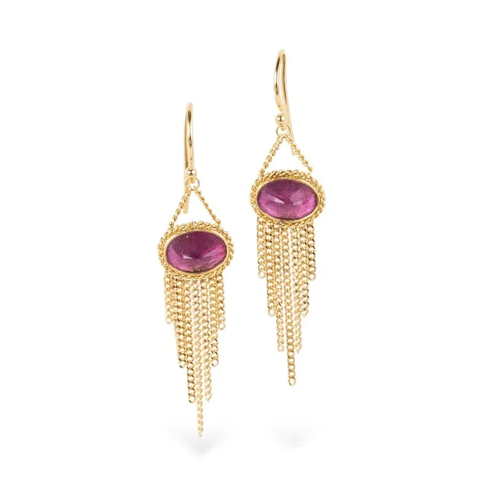 Pink Oval Fluorite Gold Tassel Earrings