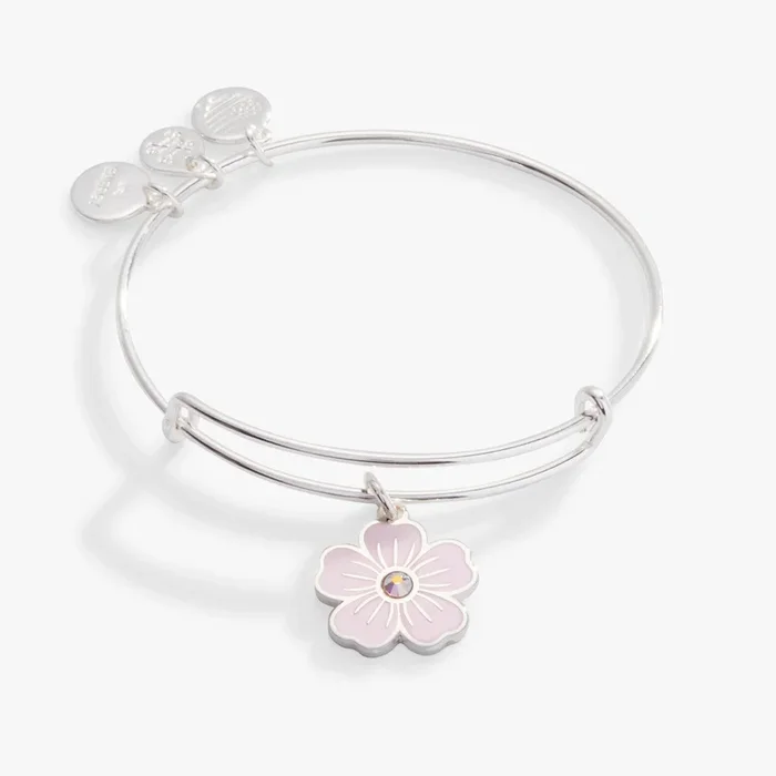 Pink Pansy and Crystal Charm Bangle Bracelet