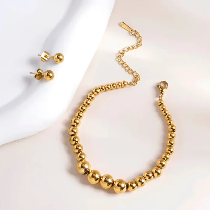 Plain Ball Stud Earrings & Gold Beaded Bracelet Combo Set
