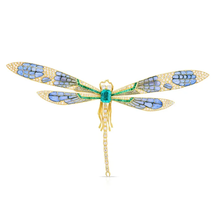 Plique-à-Jour Emerald & Diamond Dragonfly Brooch