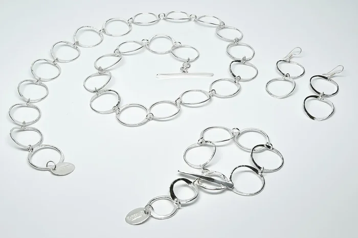Pounded Sterling Silver Loop Set of Bracelet, Earrings and 30″ Necklace