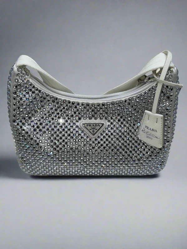 Prada Crystal Re-Edtion 2000 Mini Silver Shoulder Bag