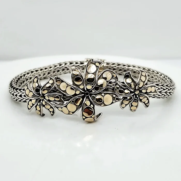 Pre – Owned John Hardy Sterling Silver and 18kt Yellow Gold Flower Bracelet