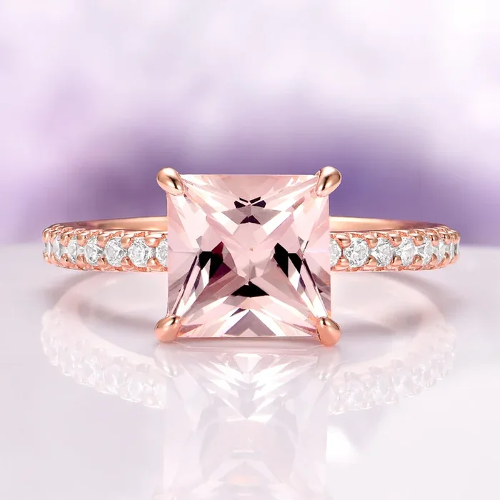 Princess Cut Blush Pink Morganite Engagement Ring in 14K Rose Gold Vermeil