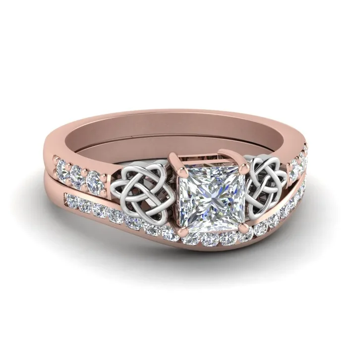 Princess Cut Channel Band Celtic Wedding Set