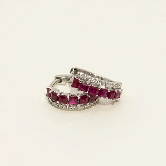 Princess Cut Ruby Hoop Earrings in 14kt White Gold with Diamonds (1/10ct tw)