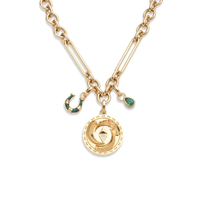 Protection and Forever & Always a Pair Midsized Mixed Clip Story : in Yellow Gold with Diamonds, Emerald, and Malachite