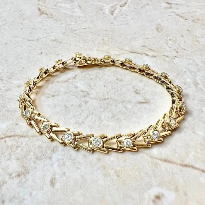 Pulsera de tenis vintage de oro amarillo de 14 quilates con diamantes de 1 quilate engastados en bisel