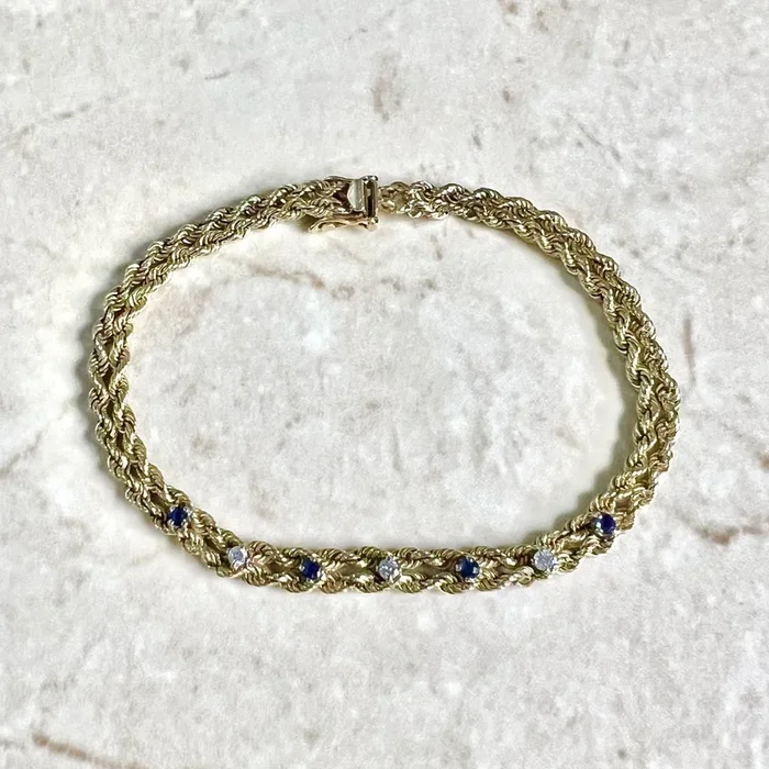 Pulsera vintage de oro amarillo de 14 quilates con diamantes y zafiros azules