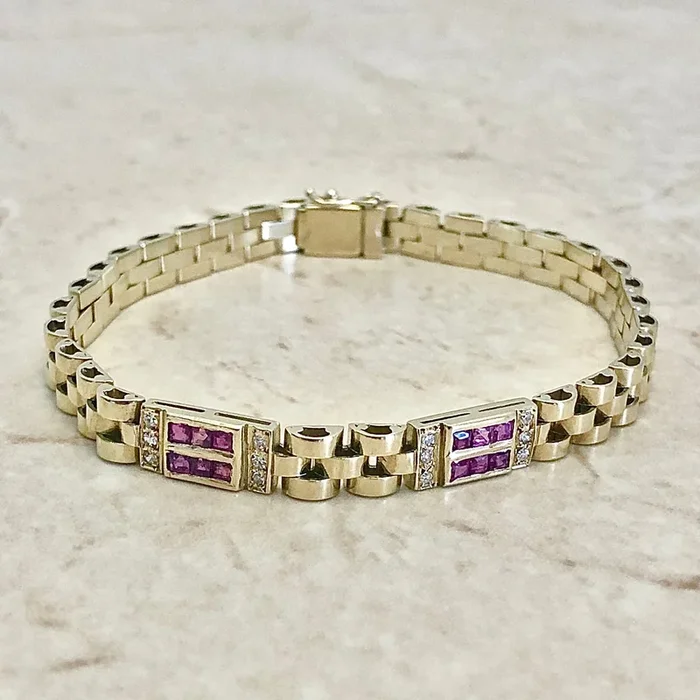 Pulsera vintage fina de oro amarillo de 18 quilates con eslabones de rubí y diamantes