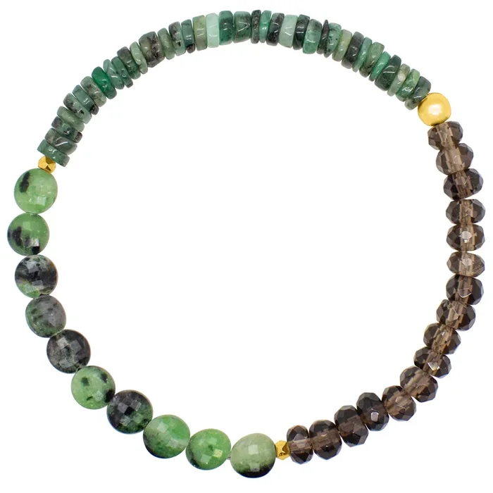 Pyrite’s Booty Bracelet in Ruby Zoisite & Emerald Heishi with Smoky Topaz