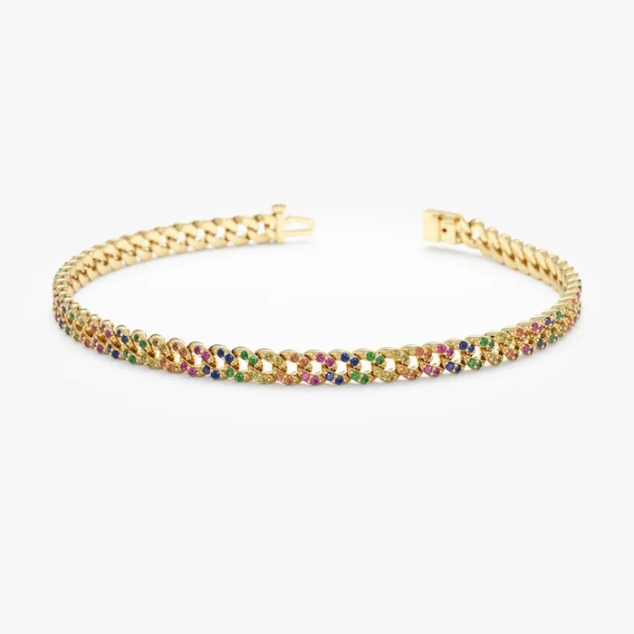 Rainbow Sapphire Cuban Chain Bracelet – 3 mm, Sonya