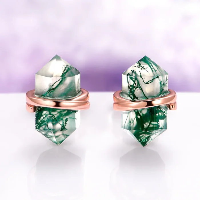 Raw Green Moss Agate Stud Earrings in 14K Rose Gold Vermeil