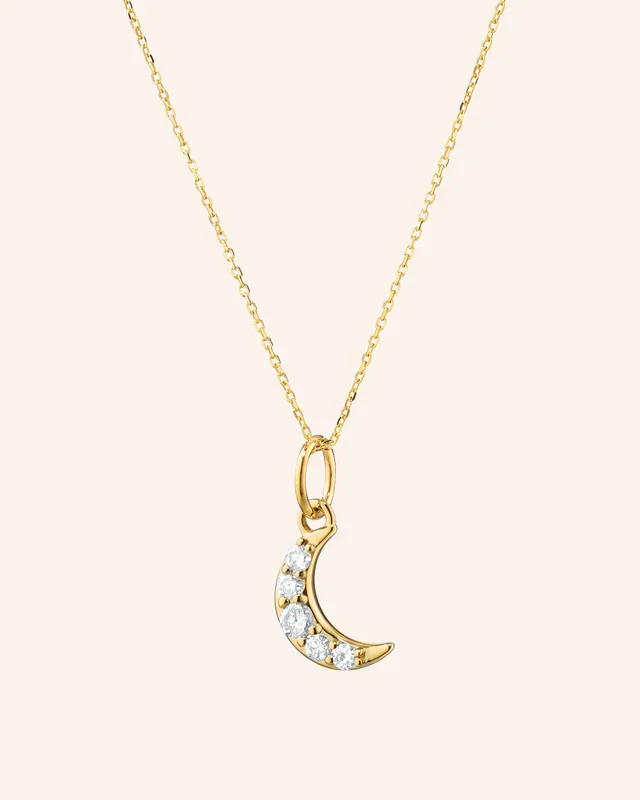Reclaimed 18k Yellow Gold Moon Necklace with 5 Round Diamonds