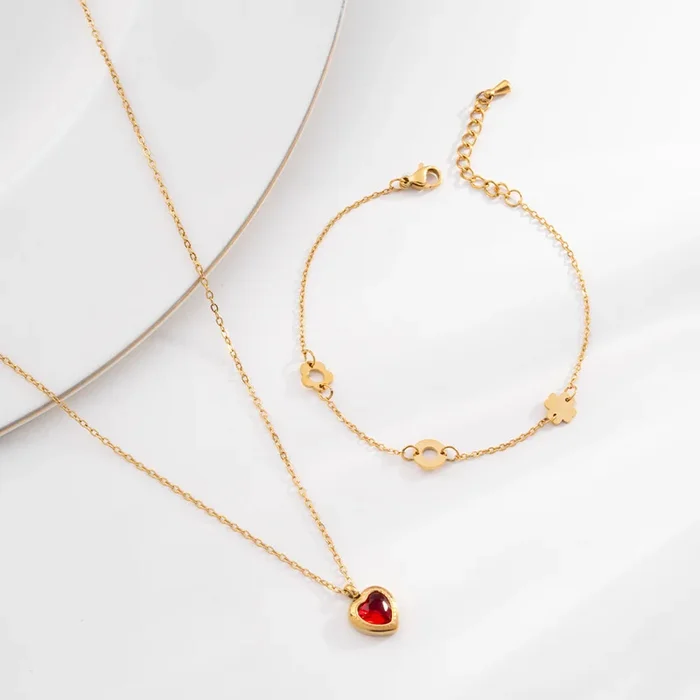 Red Emerald Heart Pendant Necklace & Dainty Flower Bracelet Combo Set