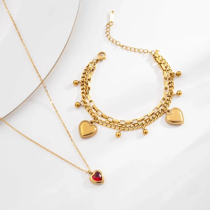 Red Emerald Heart Pendant Necklace & Hearts All Over Bracelet Combo Set