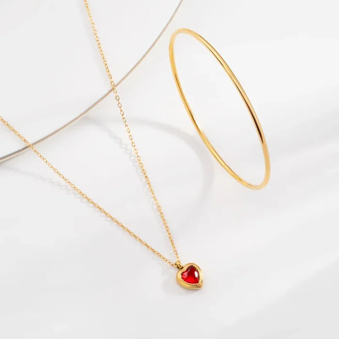 Red Emerald Heart Pendant Necklace & Round Wire Bangle Bracelet Combo Set
