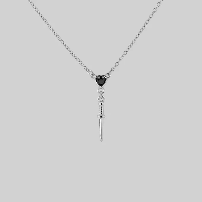 REIGN. Black Spinel Heart & Dagger Drop Necklace – Silver