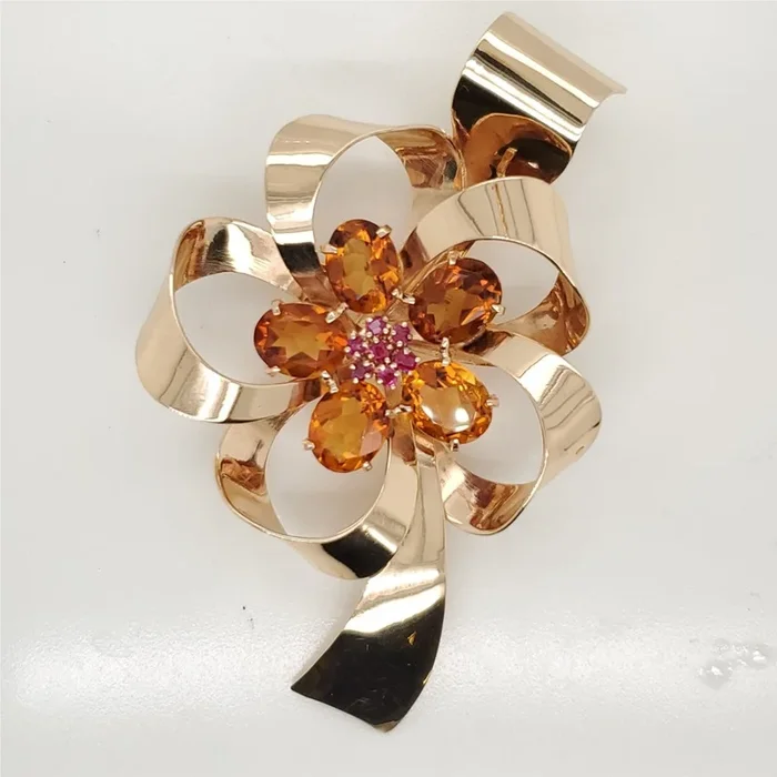 Retro Period 14Kt Yellow Gold Citrine And Ruby Bow Brooch
