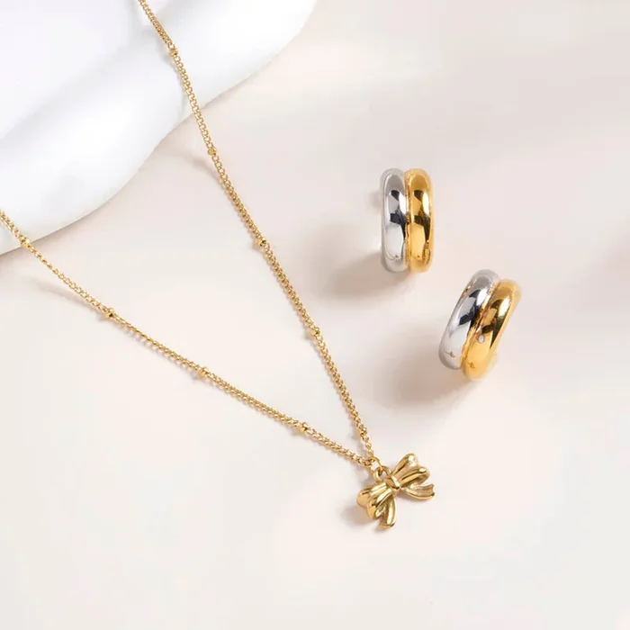 Ribbon Pendant Necklace & Golden Silver Chunky Hoop Earrings Combo Set