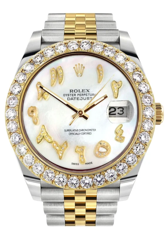 Rolex Datejust 41 Watch | 41 MM | 18K Yellow Gold & Stainless Steel | Custom Mother of Pearl Arabic Dial | Jubilee Band