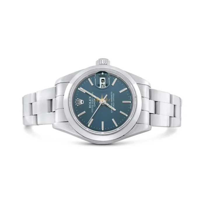 Rolex Oyster Perpetual Date Ladies 26mm – Smooth Bezel, Oyster Bracelet, Blue Index/Stick Dial, Ref. 69160
