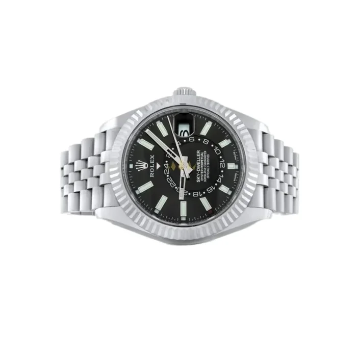 Rolex Sky-Dweller 42mm Stainless Steel 18K White Gold Jubilee Bracelet, Fluted Bezel, Black Dial Ref. 326934 Unworn