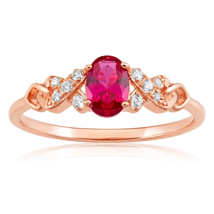 Rose Gold Plated Sterling Silver Created Ruby + Cubic Zirconia Ring