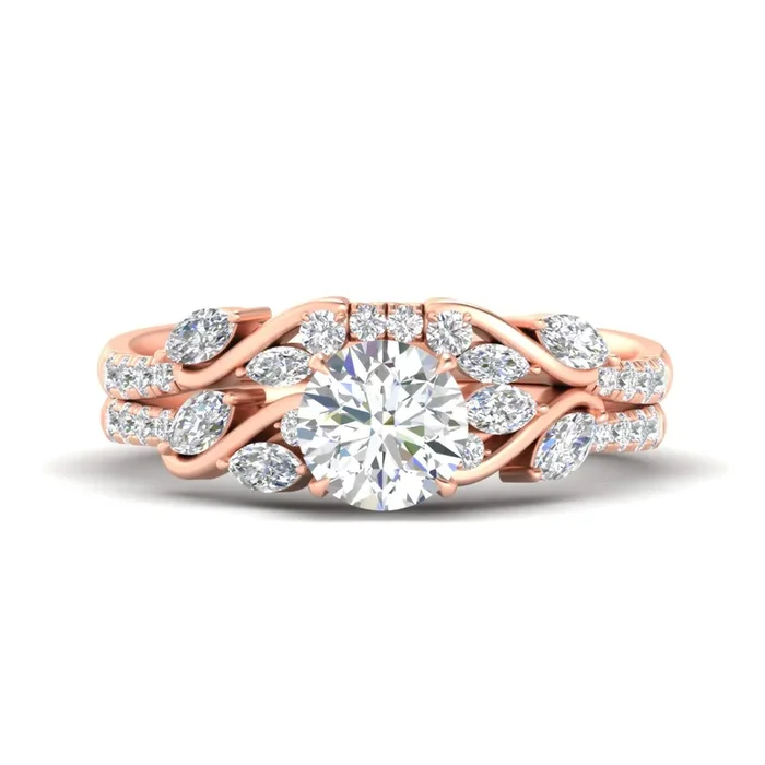 Round Cut Curved Vine Diamond Wedding Ring Set