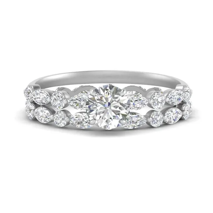 Round Cut Floating Marquise Accent Ring With Eternity Wedding Band