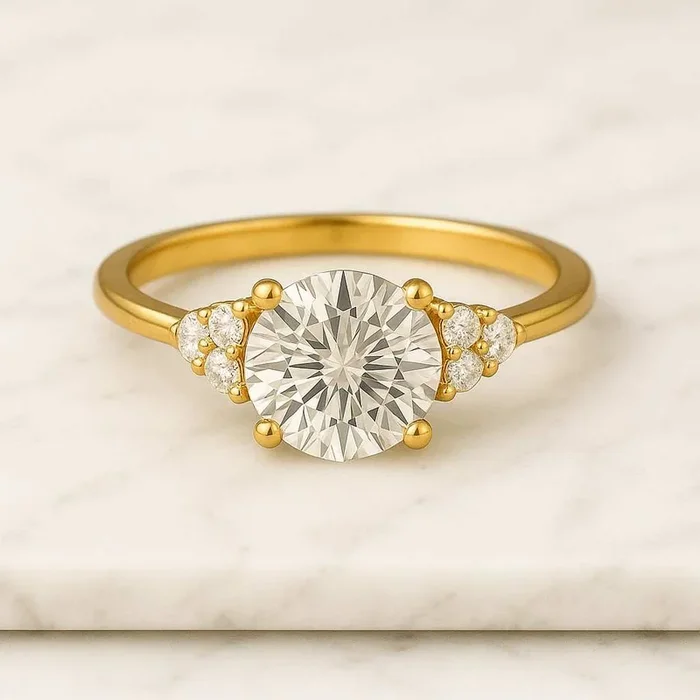 Round Cut Lab Grown Diamond Side Three Stone Engagement Ring