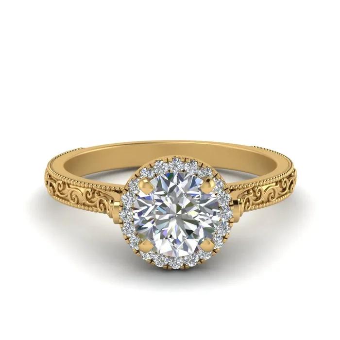 Round Cut Milgrain Vintage Diamond Ring With Halo