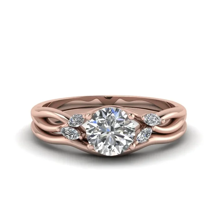 Round Cut Vine Marquise Accents Diamond Ring With Plain Band