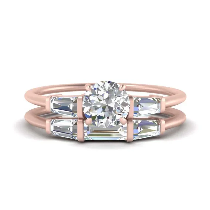 Round Diamond 3 Stone Baguette Bar Wedding Set