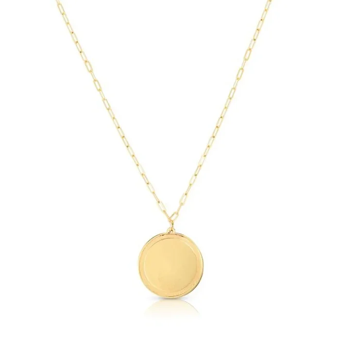 Round Disc Necklace with Paperclip Chain in 14kt Yellow Gold