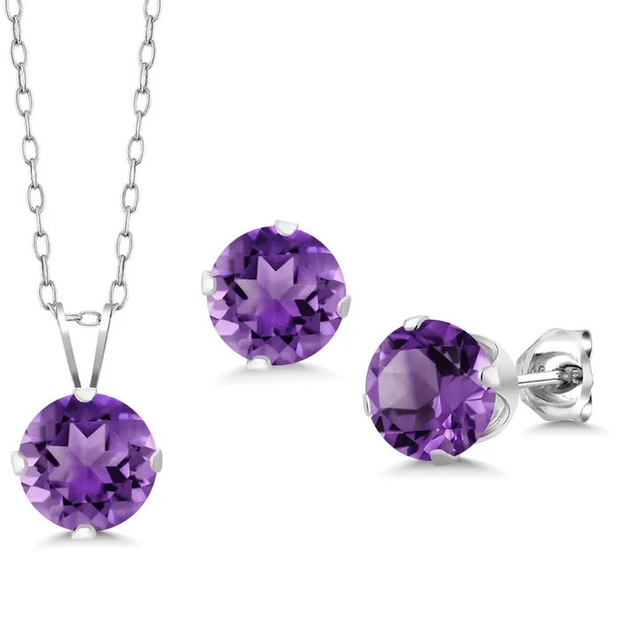 Round Pendant and Earrings Jewelry Set For Women | 925 Sterling Silver | 7MM Round Gemstone Birthstone | With 18 Inch Silver Chain | Fine Jewelry Gifts for Her Mom Women Wife