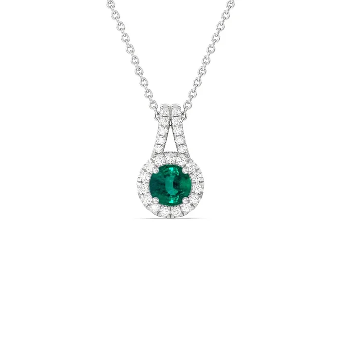 Round Shape Emerald and Lab Diamond Classic Halo Pendant With Studded Split Bale