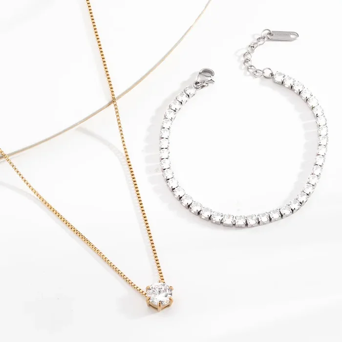 Round Solitaire Necklace & Diamond Affair Silver Bracelet Combo Set