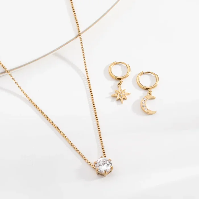 Round Solitaire Necklace & Studded Star Moon Hoop Earrings Combo Set