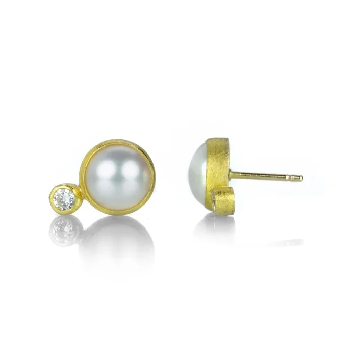 Round White Pearl Studs with Diamonds