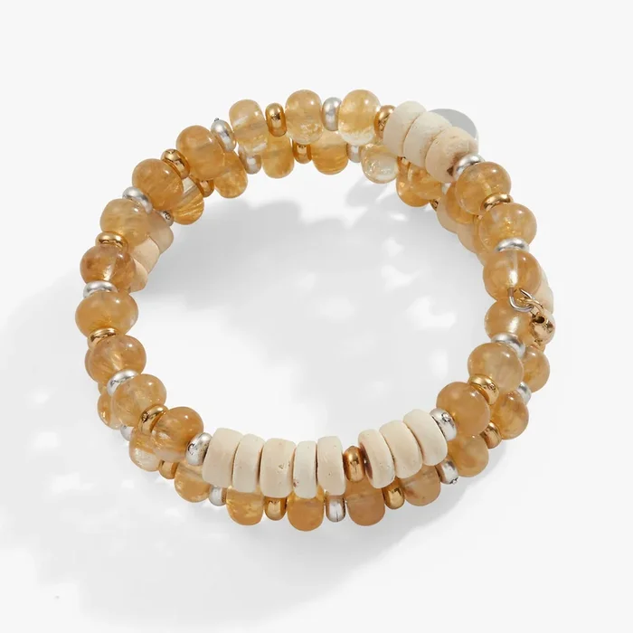 Rutilated Quartz + Wood Beaded Wrap Bracelet